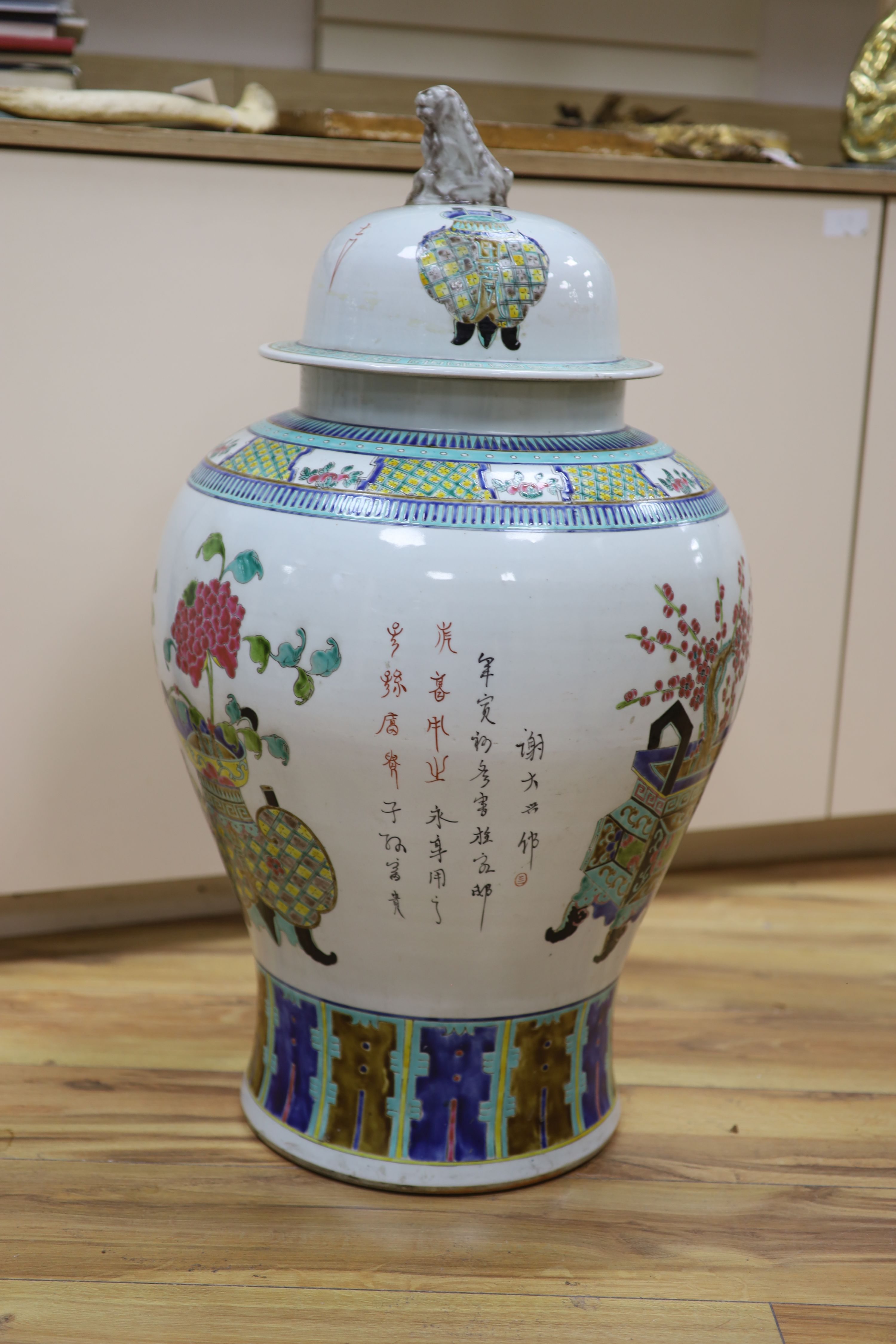 A large Chinese famille rose baluster vase and cover, height 78cm